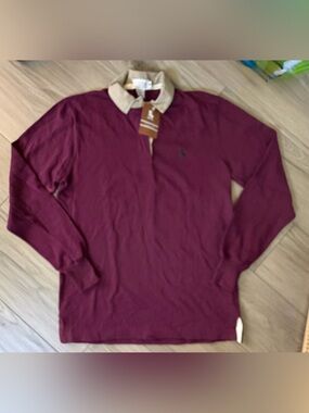 Vintage Oakbrook Men's Long-Sleeve Rugby Polo Shirt - Burgundy Beige Collar M